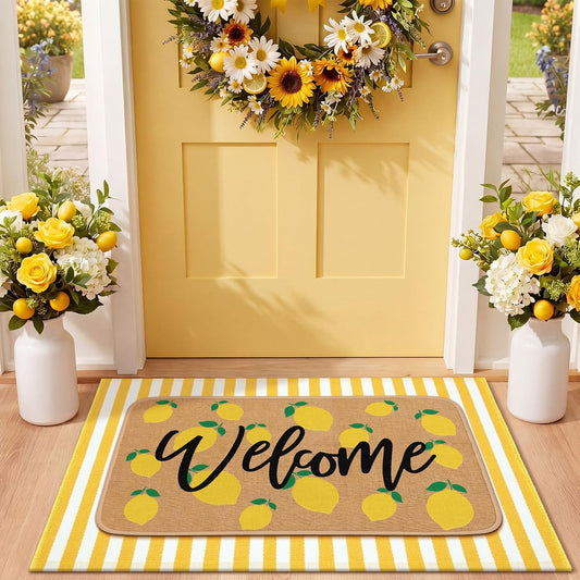 2 Pcs Summer Lemon Welcome Doormats Summer Lemon Outdoor Linen Rubber Door Mats Layered Yellow and White Striped Area Rugs Non Slip Italian House Decor for Indoor Entrance Porch Entryway