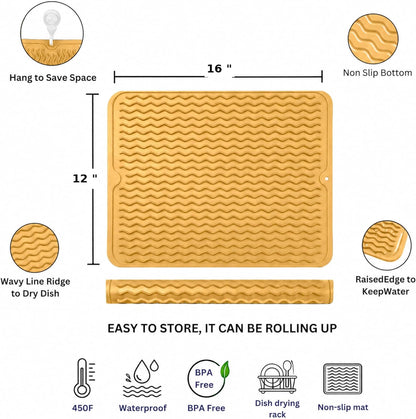 Silicone Drying Mat 16 × 12 – Non-Slip Sink Mat for Kitchen Counter, Heat-Resistant Food-Grade Dish Pad, Versatile Easy-Clean Multipurpose Drawer Liner (Yellow Tan, 16" x 12")