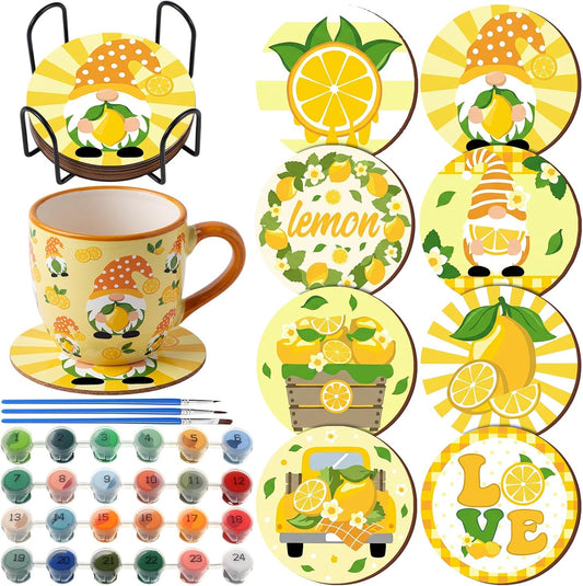 8 Pcs Lemon Paint by Numbers Kit for Adults Yellow Gnome Coasters with Holder Mini Paint by Numbers Kits Round Oil Painting Drink Coaster for Small DIY Craft Birthday Gift