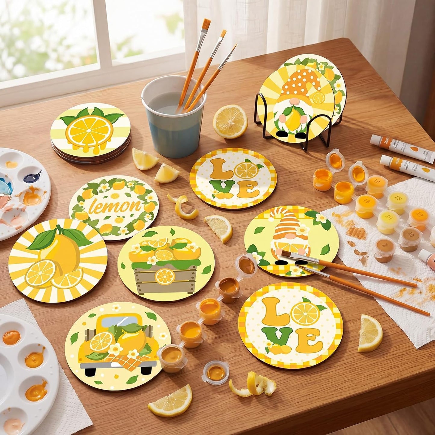 8 Pcs Lemon Paint by Numbers Kit for Adults Yellow Gnome Coasters with Holder Mini Paint by Numbers Kits Round Oil Painting Drink Coaster for Small DIY Craft Birthday Gift