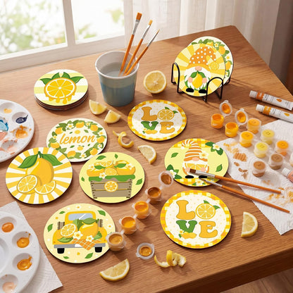 8 Pcs Lemon Paint by Numbers Kit for Adults Yellow Gnome Coasters with Holder Mini Paint by Numbers Kits Round Oil Painting Drink Coaster for Small DIY Craft Birthday Gift