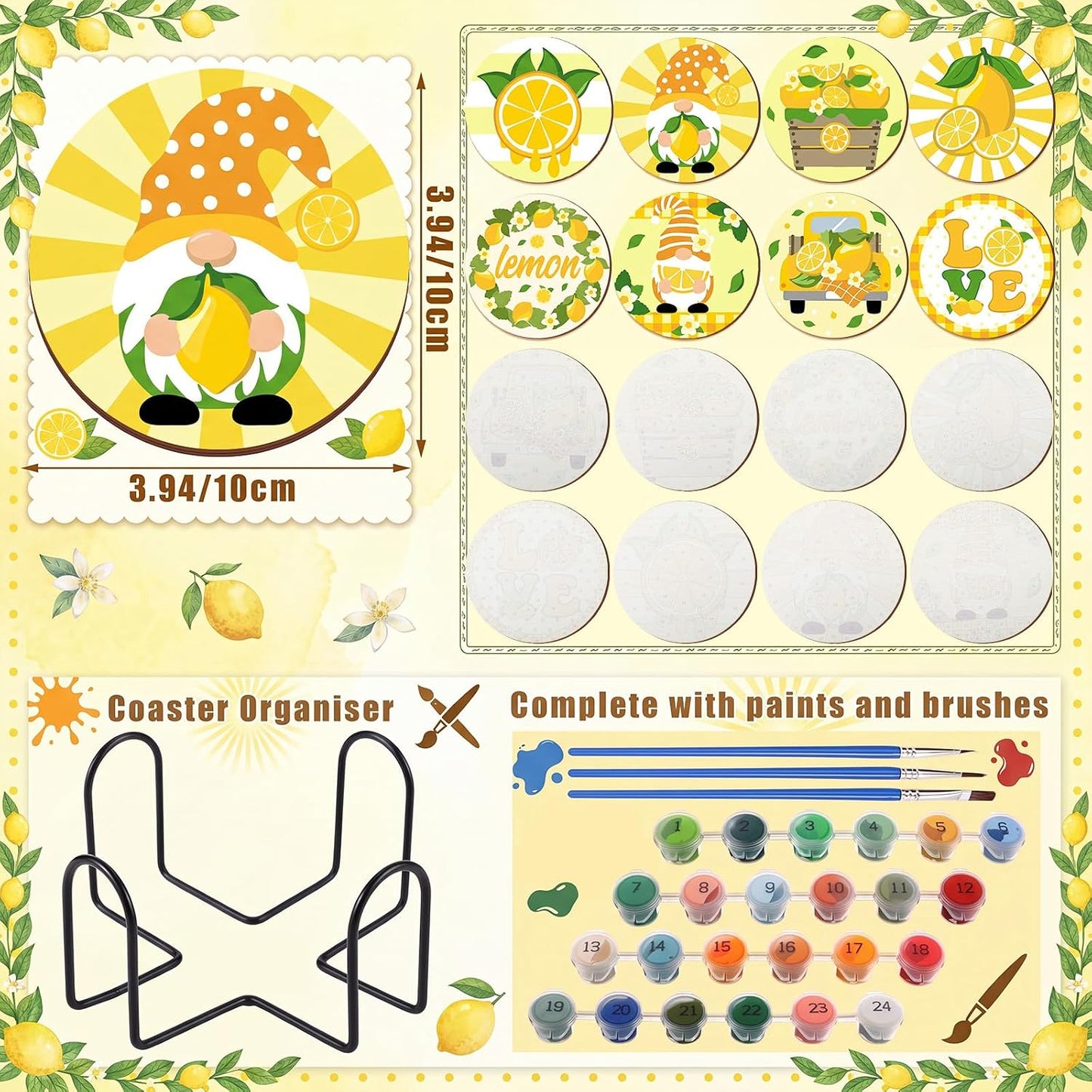 8 Pcs Lemon Paint by Numbers Kit for Adults Yellow Gnome Coasters with Holder Mini Paint by Numbers Kits Round Oil Painting Drink Coaster for Small DIY Craft Birthday Gift