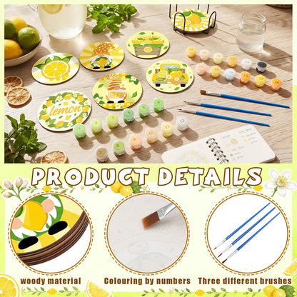 8 Pcs Lemon Paint by Numbers Kit for Adults Yellow Gnome Coasters with Holder Mini Paint by Numbers Kits Round Oil Painting Drink Coaster for Small DIY Craft Birthday Gift