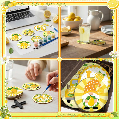 8 Pcs Lemon Paint by Numbers Kit for Adults Yellow Gnome Coasters with Holder Mini Paint by Numbers Kits Round Oil Painting Drink Coaster for Small DIY Craft Birthday Gift