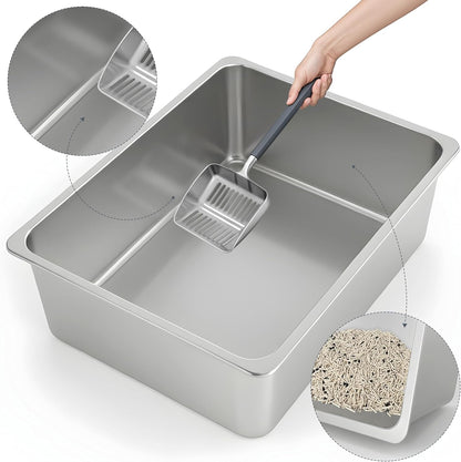 Large Stainless Steel Cat Litter Box Low Entry, Non-Stick | Solid Metal Box, Odor Free, Non Stick, Rust Proof, Easy to Clean, Ideal for Cats, Kittens, Multi-cat & Rabbits, Indoor Use