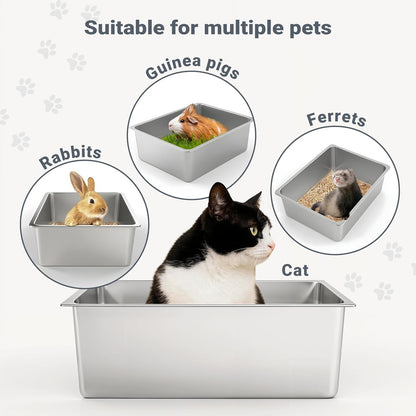 Large Stainless Steel Cat Litter Box Low Entry, Non-Stick | Solid Metal Box, Odor Free, Non Stick, Rust Proof, Easy to Clean, Ideal for Cats, Kittens, Multi-cat & Rabbits, Indoor Use