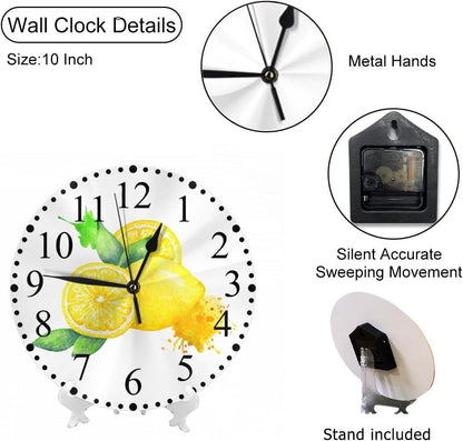 Yellow Lemon Wall Clock Watercolor Painting Clock 10 Inch Silent Non-Ticking Clocks Battery Operated for Home Living Laundry Room Kitchen Bedroom Office