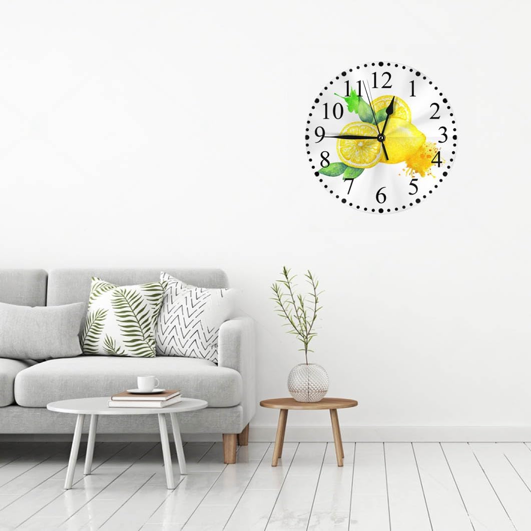Yellow Lemon Wall Clock Watercolor Painting Clock 10 Inch Silent Non-Ticking Clocks Battery Operated for Home Living Laundry Room Kitchen Bedroom Office
