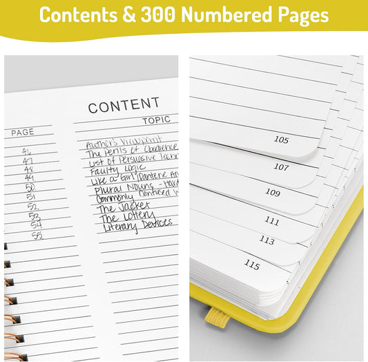 Lined Spiral Journal Notebook with 300 Numbered Pages, B5 College Ruled Thick Journals for Writing with 100GSM Paper, Hardcover Notebooks with Contents for Work, School, Women, Men, Yellow