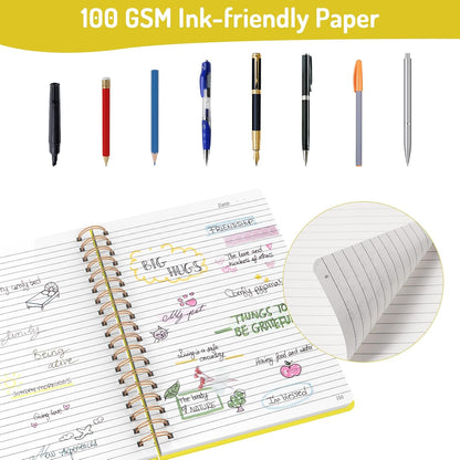 Lined Spiral Journal Notebook with 300 Numbered Pages, B5 College Ruled Thick Journals for Writing with 100GSM Paper, Hardcover Notebooks with Contents for Work, School, Women, Men, Yellow