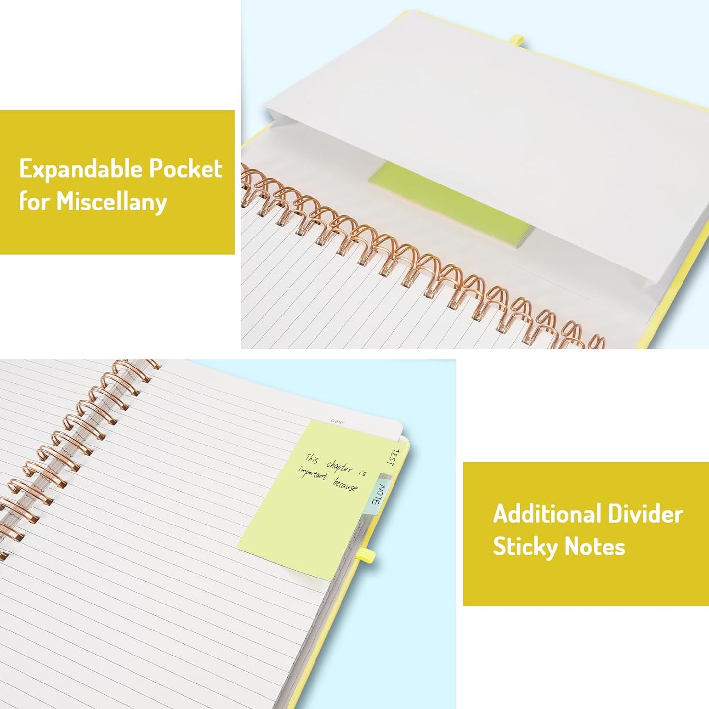 Lined Spiral Journal Notebook with 300 Numbered Pages, B5 College Ruled Thick Journals for Writing with 100GSM Paper, Hardcover Notebooks with Contents for Work, School, Women, Men, Yellow