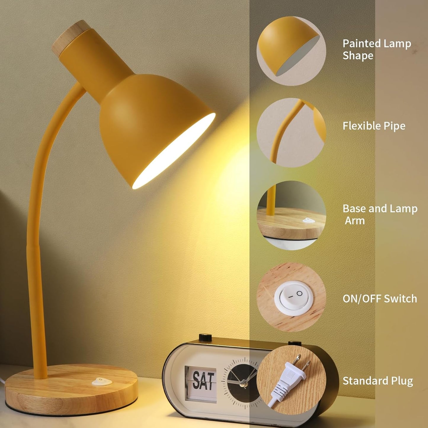 Table Lamp,Wooden Adjustable Desk Lamp,Dorm Lamp&Bedside Lamp for Living Room, Bedroom, Kids Room (Yellow)