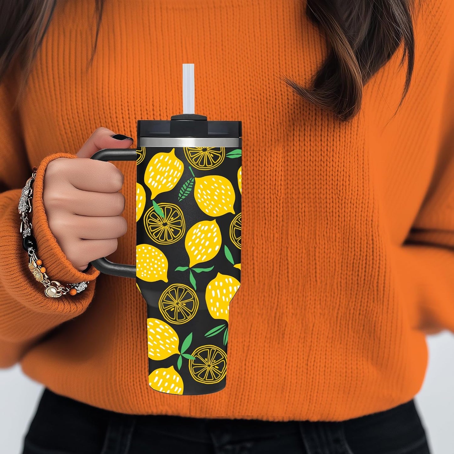 40 OZ Lemon Tumbler with Handle.lemon lover gifts.Unique Christmas Birthday Gifts for Lemon Lover.Personalized 40 OZ Lemons Tumbler Gifts for Women Men.