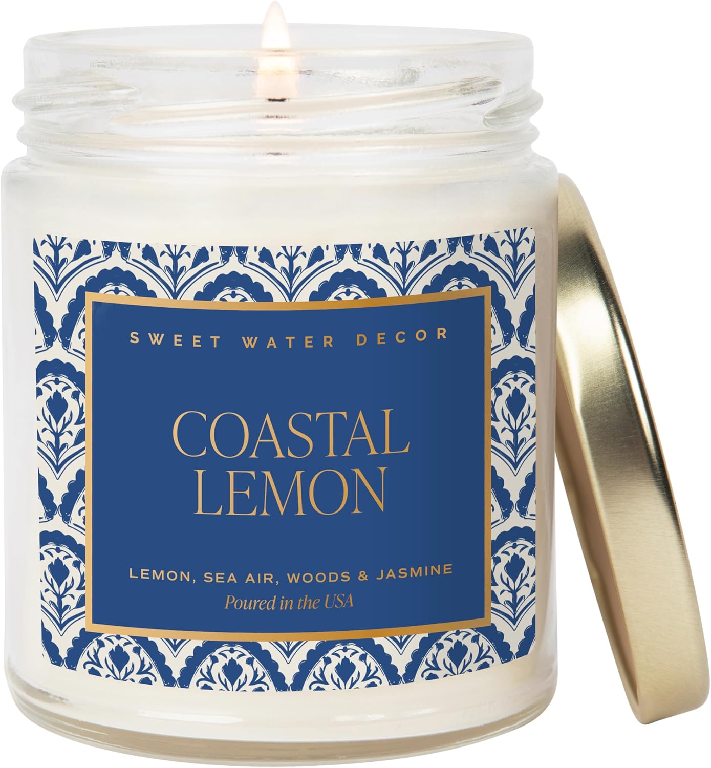 Coastal Lemon Non Toxic Candle – Soy Candle with Lemon, Sea Salt, Woods, Jasmine Aroma – 40 Hour Burn – 9oz Clear Glass Jar – Fresh Mediterranean Home Fragrance