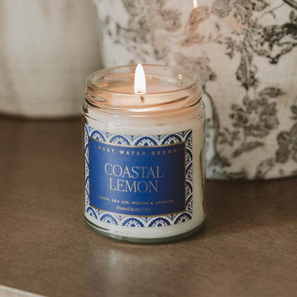 Coastal Lemon Non Toxic Candle – Soy Candle with Lemon, Sea Salt, Woods, Jasmine Aroma – 40 Hour Burn – 9oz Clear Glass Jar – Fresh Mediterranean Home Fragrance