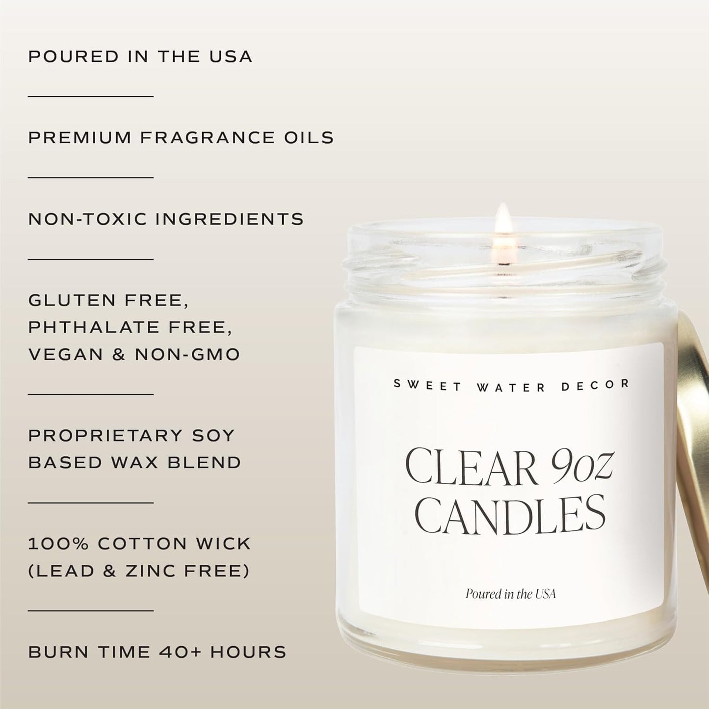 Coastal Lemon Non Toxic Candle – Soy Candle with Lemon, Sea Salt, Woods, Jasmine Aroma – 40 Hour Burn – 9oz Clear Glass Jar – Fresh Mediterranean Home Fragrance