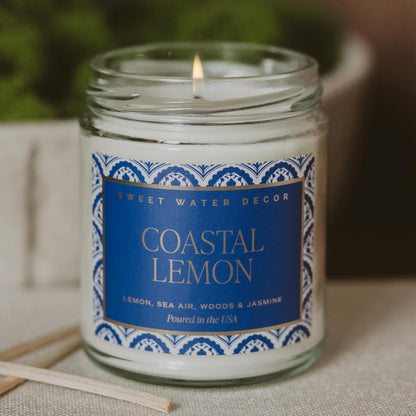 Coastal Lemon Non Toxic Candle – Soy Candle with Lemon, Sea Salt, Woods, Jasmine Aroma – 40 Hour Burn – 9oz Clear Glass Jar – Fresh Mediterranean Home Fragrance