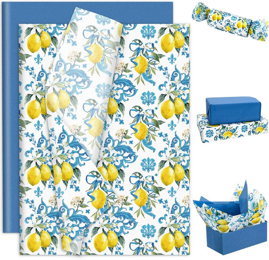 100 Sheet Lemon Tissue Paper Blue Floral Yellow Lemon Art Tissue Vintage Spring Summer Wrapping Paper for Seasonal Birthday Wedding Baby Shower DIY Crafts Gift Packing, 13.8 x 19.7 In