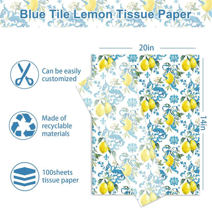 100 Sheet Lemon Tissue Paper Blue Floral Yellow Lemon Art Tissue Vintage Spring Summer Wrapping Paper for Seasonal Birthday Wedding Baby Shower DIY Crafts Gift Packing, 13.8 x 19.7 In