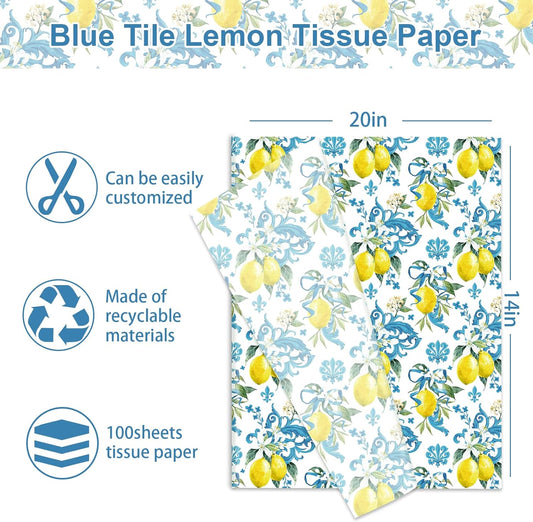 100 Sheet Lemon Tissue Paper Blue Floral Yellow Lemon Art Tissue Vintage Spring Summer Wrapping Paper for Seasonal Birthday Wedding Baby Shower DIY Crafts Gift Packing, 13.8 x 19.7 In