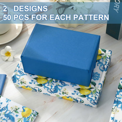 100 Sheet Lemon Tissue Paper Blue Floral Yellow Lemon Art Tissue Vintage Spring Summer Wrapping Paper for Seasonal Birthday Wedding Baby Shower DIY Crafts Gift Packing, 13.8 x 19.7 In