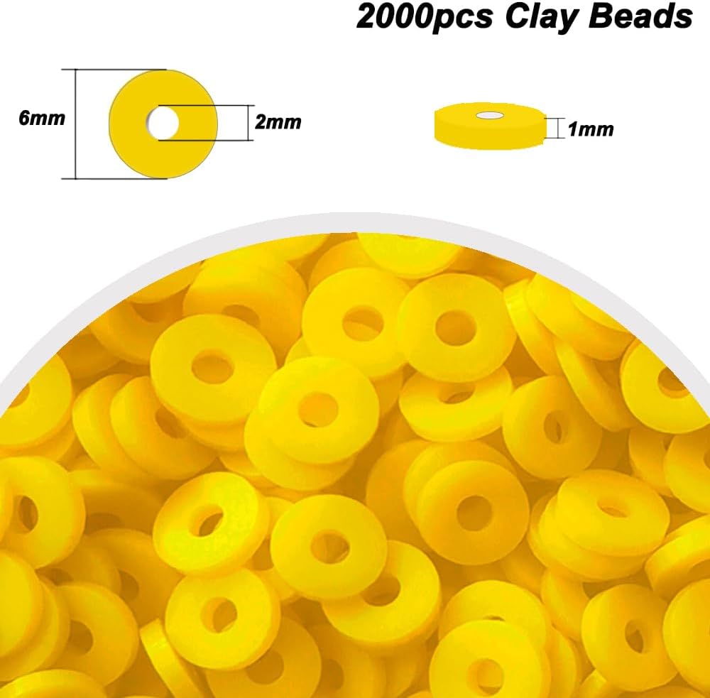 2000pcs Yellow Clay Beads for Bracelets Jewelry Making | 6mm Round Flat Heishi Disc Spacer, Bulk Polymer Clay Beads Refill Bags, Single Color for DIY Friendship Bracelet Crafts
