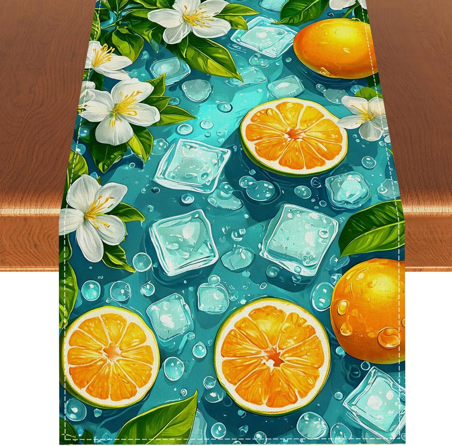 Summer Lemon Table Runner Blue Ice Cubes Jasmine Oranges Table Decor Summer Seasonal Holiday Birthday Party Decorations and Supplies for Home Kitchen Table-13×72''