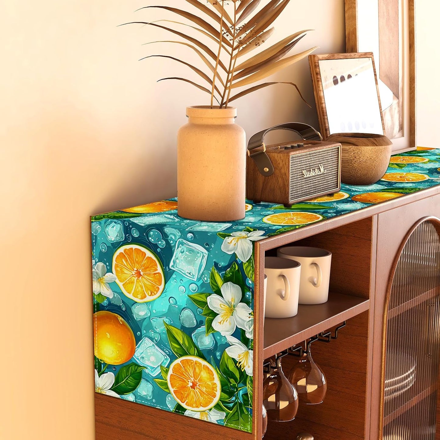 Summer Lemon Table Runner Blue Ice Cubes Jasmine Oranges Table Decor Summer Seasonal Holiday Birthday Party Decorations and Supplies for Home Kitchen Table-13×72''