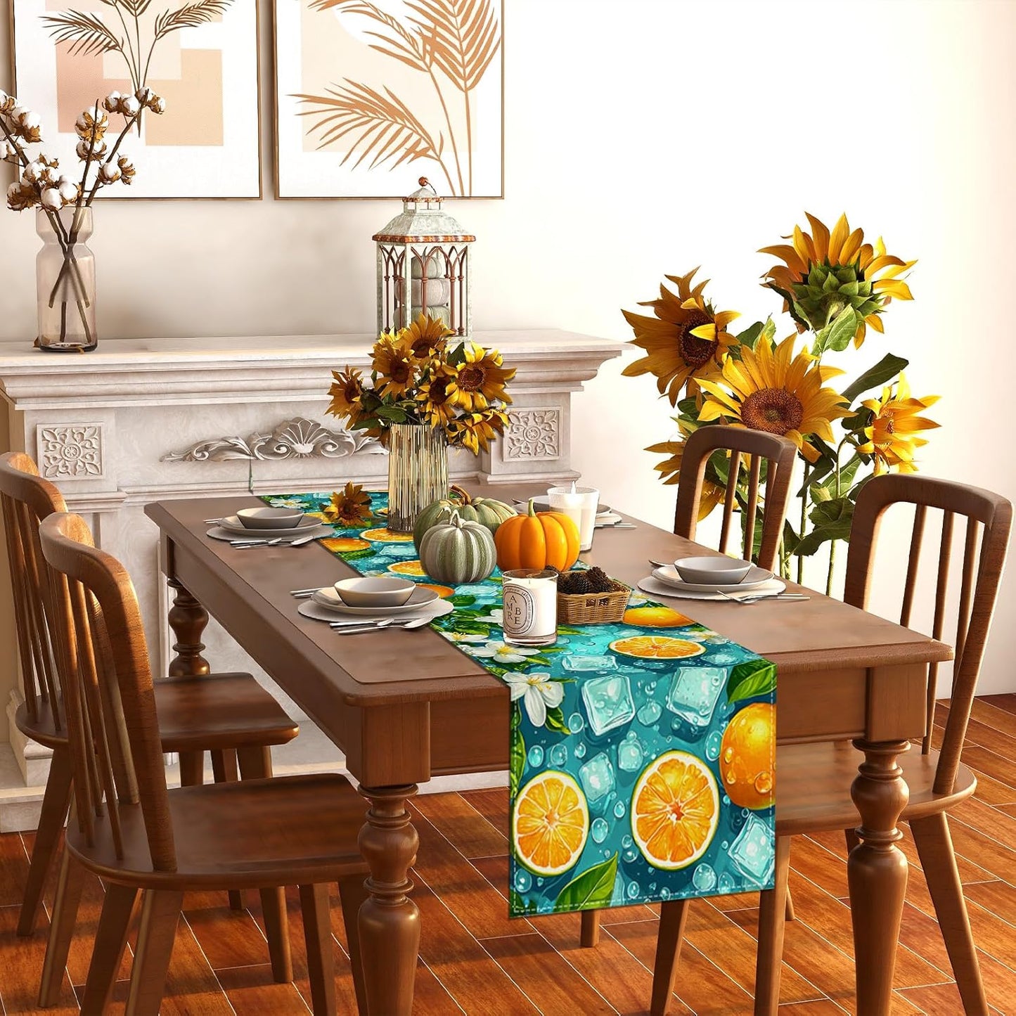 Summer Lemon Table Runner Blue Ice Cubes Jasmine Oranges Table Decor Summer Seasonal Holiday Birthday Party Decorations and Supplies for Home Kitchen Table-13×72''