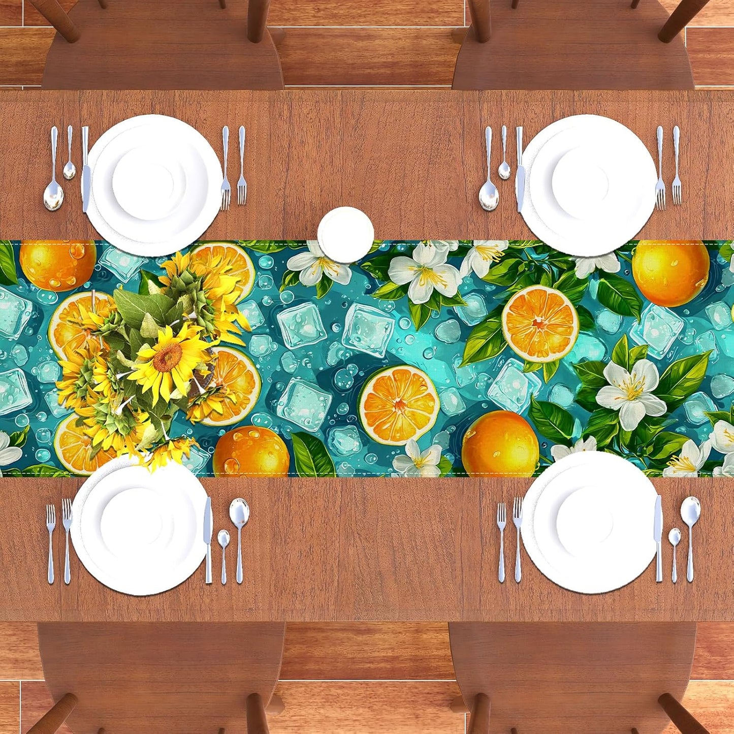 Summer Lemon Table Runner Blue Ice Cubes Jasmine Oranges Table Decor Summer Seasonal Holiday Birthday Party Decorations and Supplies for Home Kitchen Table-13×72''