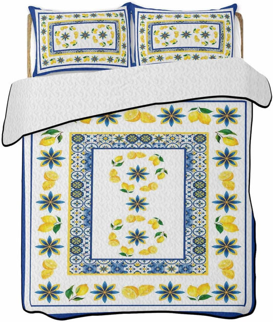 Quilts Queen Size, Blue Lemons Soft Comforter Bedding Set for Bed, Summer Watercolor Italian Style Flower Lightweight Quilted Bedspread with Pillow Cover(2 Pieces) for All Season, 90x96 Inch