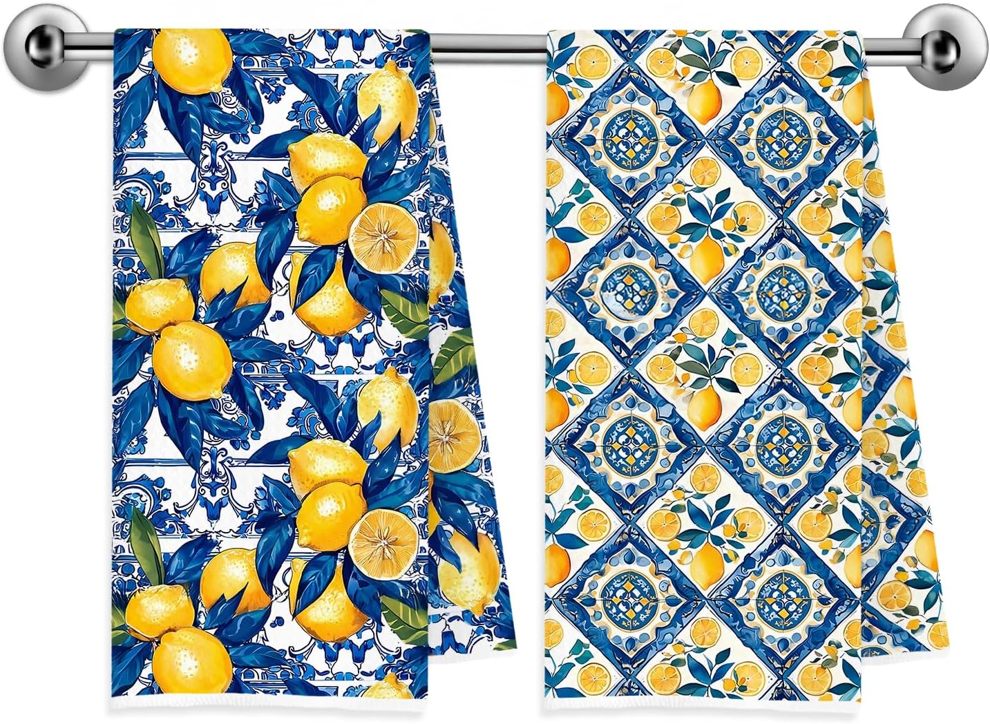 Blue and Yellow Italian Lemon Kitchen Towels, Lemon Gifts for Women, Mediterranean Italy Majolica Tiles Lemons Decorative Dish Tea Hand Towels for Kitchen Bathroom, 16x24 Inch Set of 2