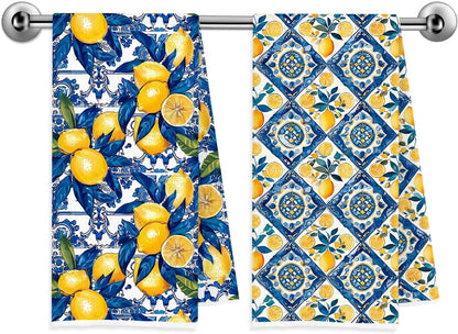 Blue and Yellow Italian Lemon Kitchen Towels, Lemon Gifts for Women, Mediterranean Italy Majolica Tiles Lemons Decorative Dish Tea Hand Towels for Kitchen Bathroom, 16x24 Inch Set of 2