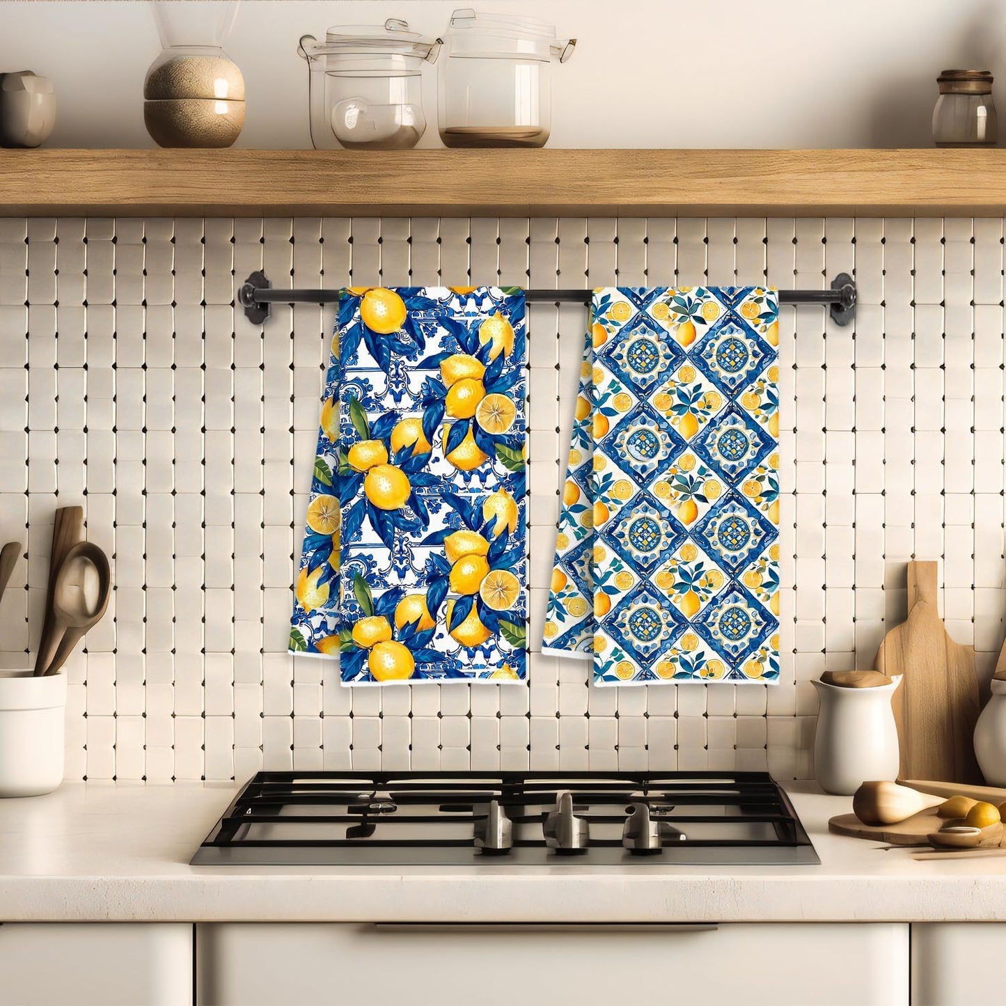 Blue and Yellow Italian Lemon Kitchen Towels, Lemon Gifts for Women, Mediterranean Italy Majolica Tiles Lemons Decorative Dish Tea Hand Towels for Kitchen Bathroom, 16x24 Inch Set of 2