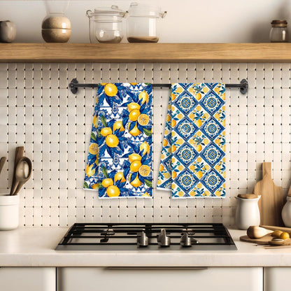 Blue and Yellow Italian Lemon Kitchen Towels, Lemon Gifts for Women, Mediterranean Italy Majolica Tiles Lemons Decorative Dish Tea Hand Towels for Kitchen Bathroom, 16x24 Inch Set of 2