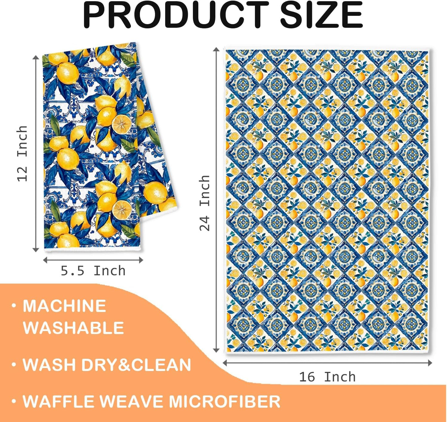 Blue and Yellow Italian Lemon Kitchen Towels, Lemon Gifts for Women, Mediterranean Italy Majolica Tiles Lemons Decorative Dish Tea Hand Towels for Kitchen Bathroom, 16x24 Inch Set of 2