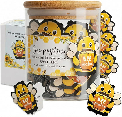 80 Positive Bee Glass Jar & Keychain - 80 Affirmation Cards For Women, Emotional Support Bee - Christmas Gift For Friend Women, Teen Girl Trendy Stuff, Mental Health & Stress Relief Gift