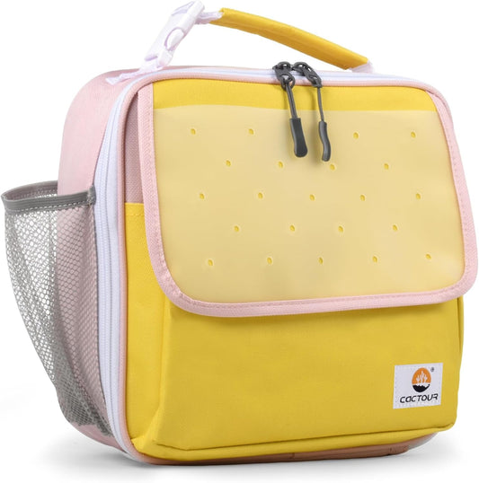 Lunch Box Kids,Fun Color Lunch Box for Girls,Large Soft Cooler Lunch Bag for Kids,Back to School Thermal Insulated Lunch Tote Bag for School Daycare Outdoor (Yellow Pink)
