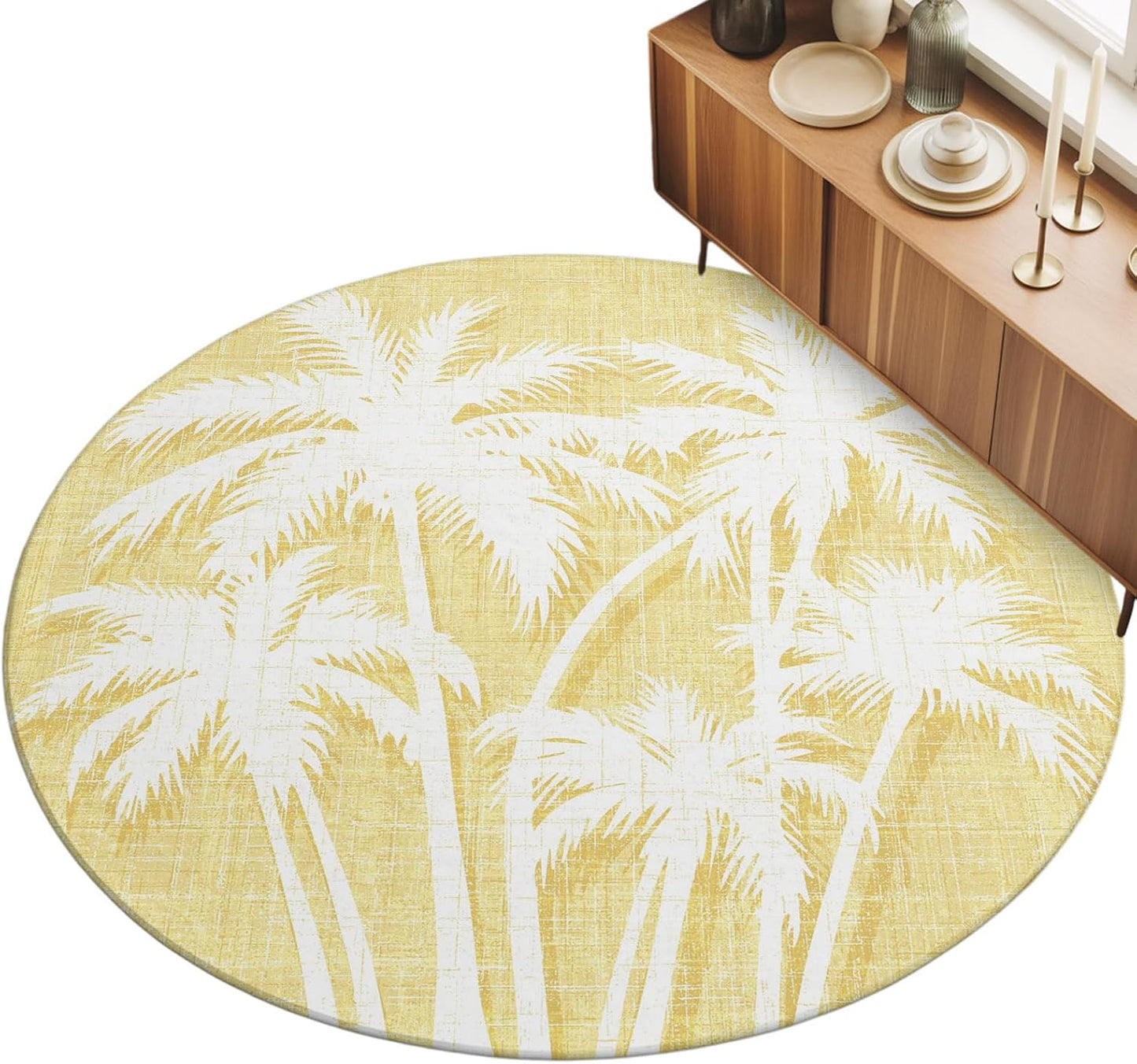 Coastal Tropical Round Area Rugs for Living Room 3FT Washable Non Slip Indoor Rug for Bedroom Home Decor Carpets Summer Palm Trees Silhouettes Light Yellow Soft Polyester for Dining Room Home Oficce