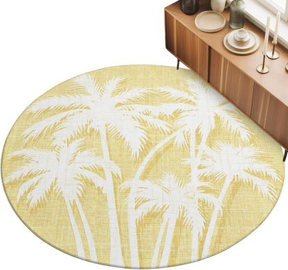 Coastal Tropical Round Area Rugs for Living Room 3FT Washable Non Slip Indoor Rug for Bedroom Home Decor Carpets Summer Palm Trees Silhouettes Light Yellow Soft Polyester for Dining Room Home Oficce
