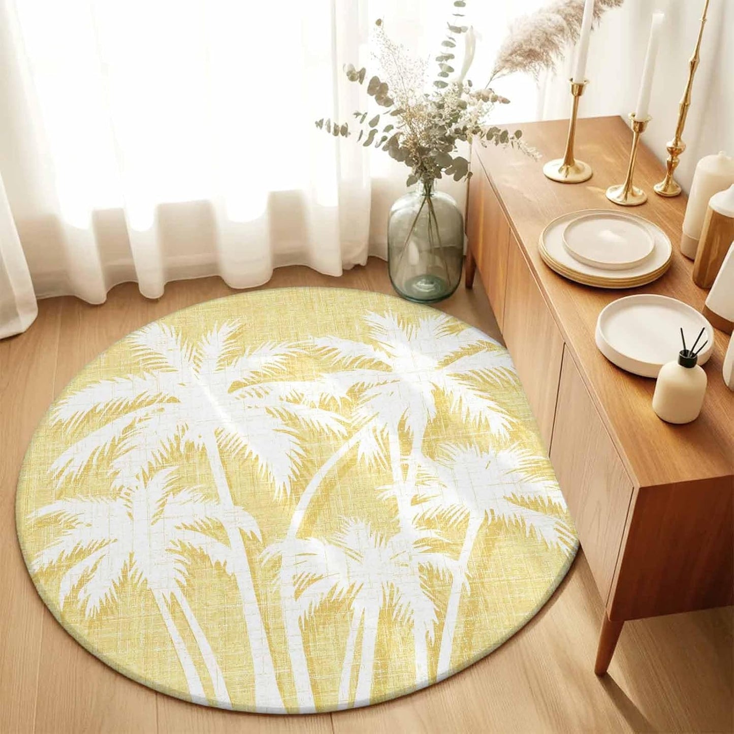 Coastal Tropical Round Area Rugs for Living Room 3FT Washable Non Slip Indoor Rug for Bedroom Home Decor Carpets Summer Palm Trees Silhouettes Light Yellow Soft Polyester for Dining Room Home Oficce