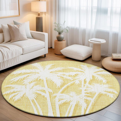 Coastal Tropical Round Area Rugs for Living Room 3FT Washable Non Slip Indoor Rug for Bedroom Home Decor Carpets Summer Palm Trees Silhouettes Light Yellow Soft Polyester for Dining Room Home Oficce