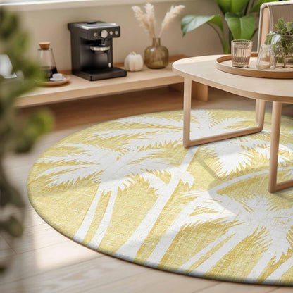 Coastal Tropical Round Area Rugs for Living Room 3FT Washable Non Slip Indoor Rug for Bedroom Home Decor Carpets Summer Palm Trees Silhouettes Light Yellow Soft Polyester for Dining Room Home Oficce