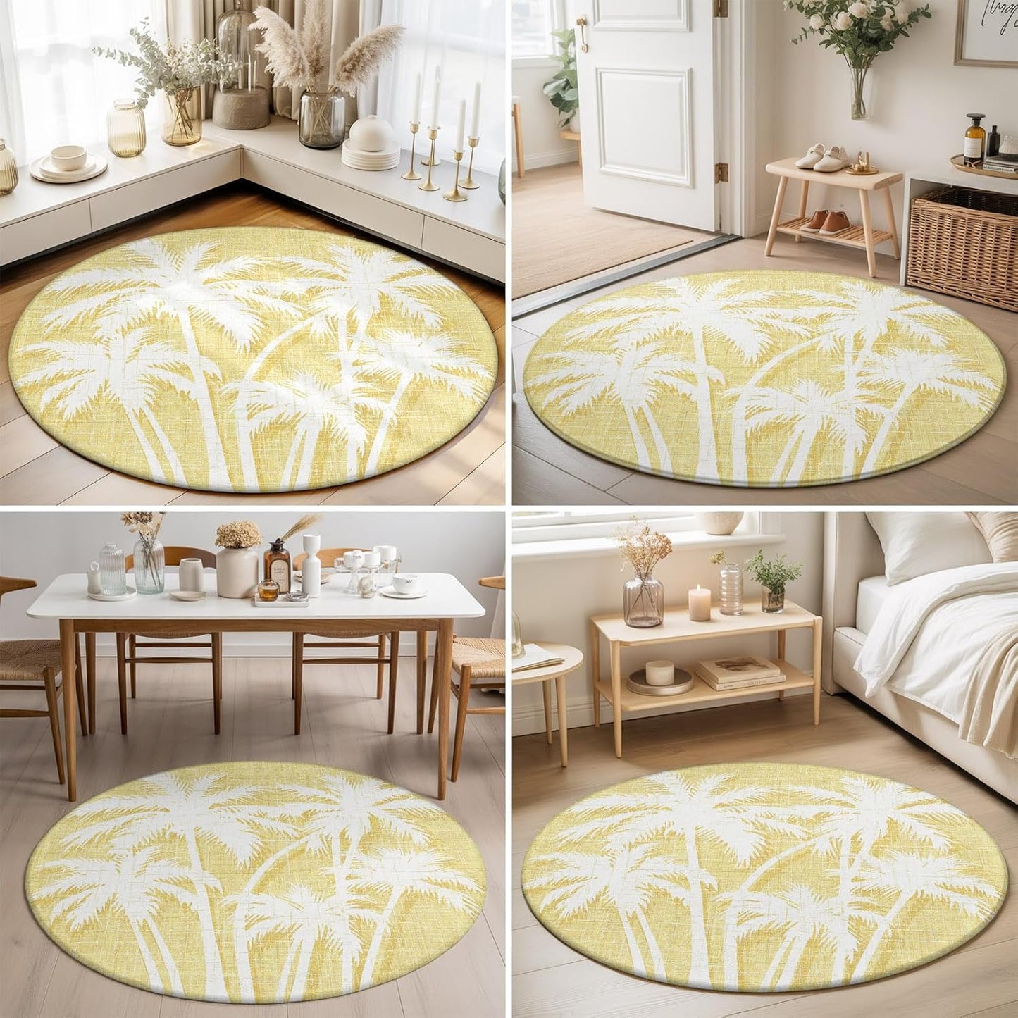 Coastal Tropical Round Area Rugs for Living Room 3FT Washable Non Slip Indoor Rug for Bedroom Home Decor Carpets Summer Palm Trees Silhouettes Light Yellow Soft Polyester for Dining Room Home Oficce