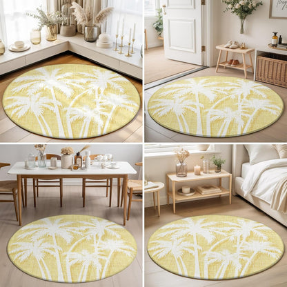 Coastal Tropical Round Area Rugs for Living Room 3FT Washable Non Slip Indoor Rug for Bedroom Home Decor Carpets Summer Palm Trees Silhouettes Light Yellow Soft Polyester for Dining Room Home Oficce