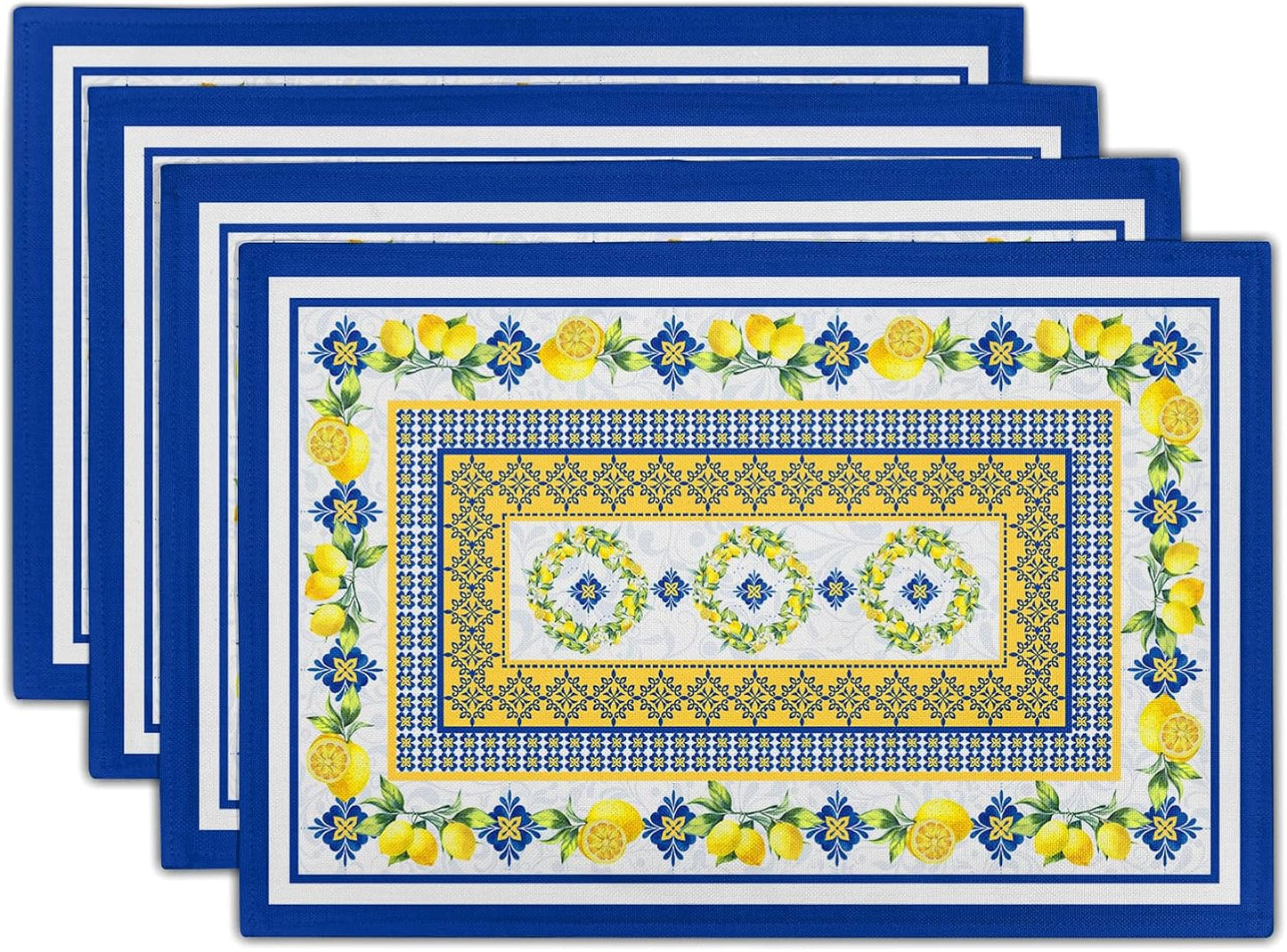 Lemon Summer Table Placemats for Dining 12 x 18 Inch Set of 4，Blue Yellow Boho Heat-Resistant Washable Table Non-Slip Rectangle Place Mat for Seasonal Party Kitchen Dining Table Decor