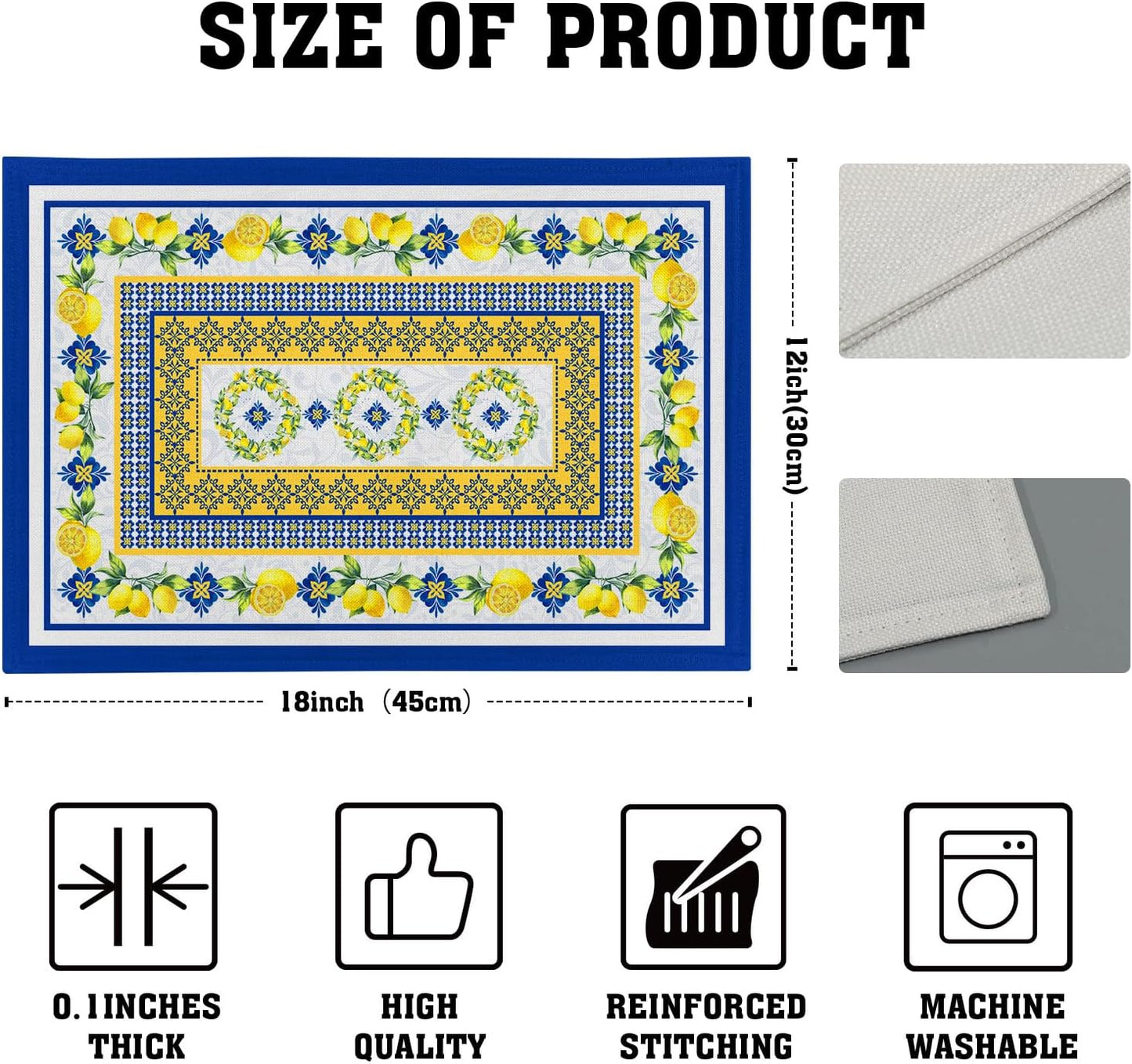 Lemon Summer Table Placemats for Dining 12 x 18 Inch Set of 4，Blue Yellow Boho Heat-Resistant Washable Table Non-Slip Rectangle Place Mat for Seasonal Party Kitchen Dining Table Decor