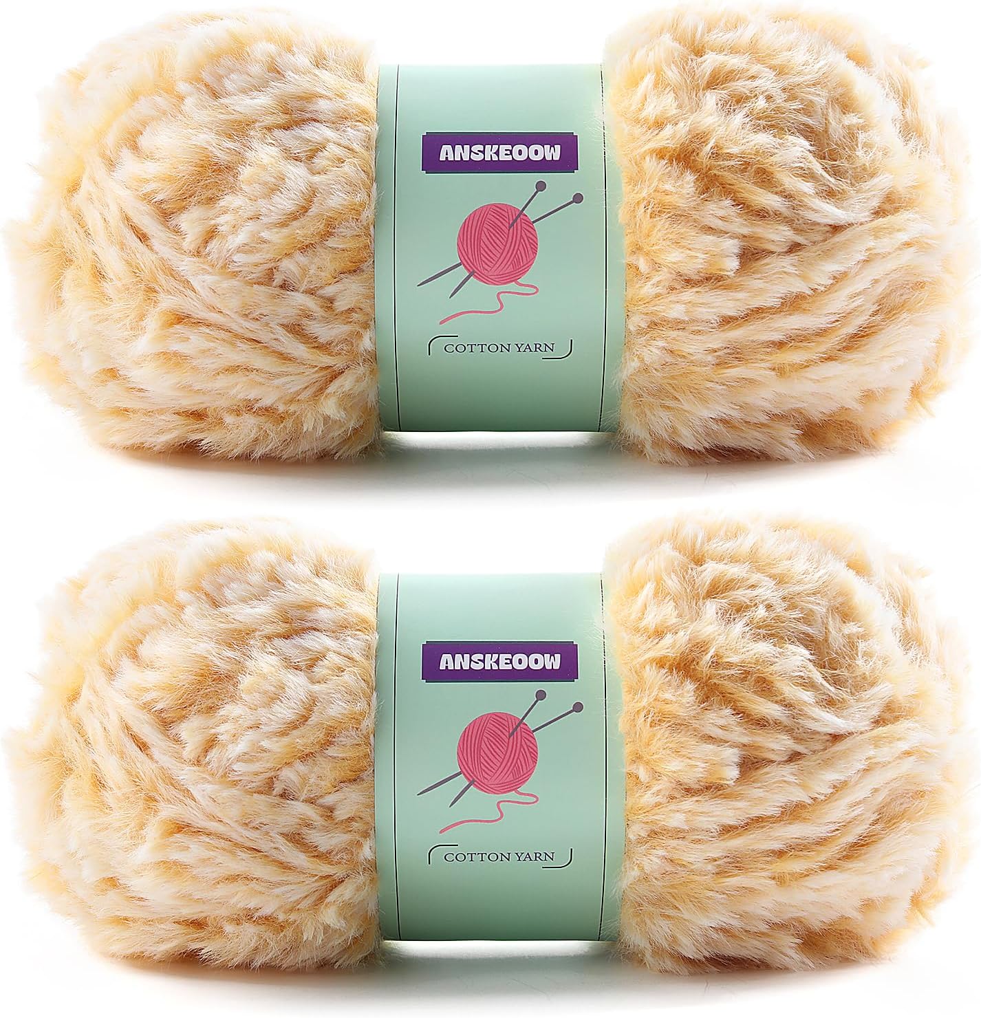 2 Skeins Faux Fur Yarn Soft Fluffy for Crocheting - Chunky Fuzzy Yarn for Crochet Amigurumi, Hat, Shawls, Total Length (71x2) Yards (Yellow White)