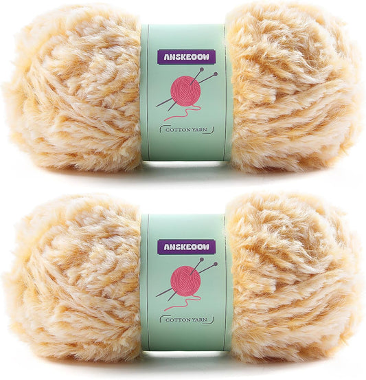 2 Skeins Faux Fur Yarn Soft Fluffy for Crocheting - Chunky Fuzzy Yarn for Crochet Amigurumi, Hat, Shawls, Total Length (71x2) Yards (Yellow White)