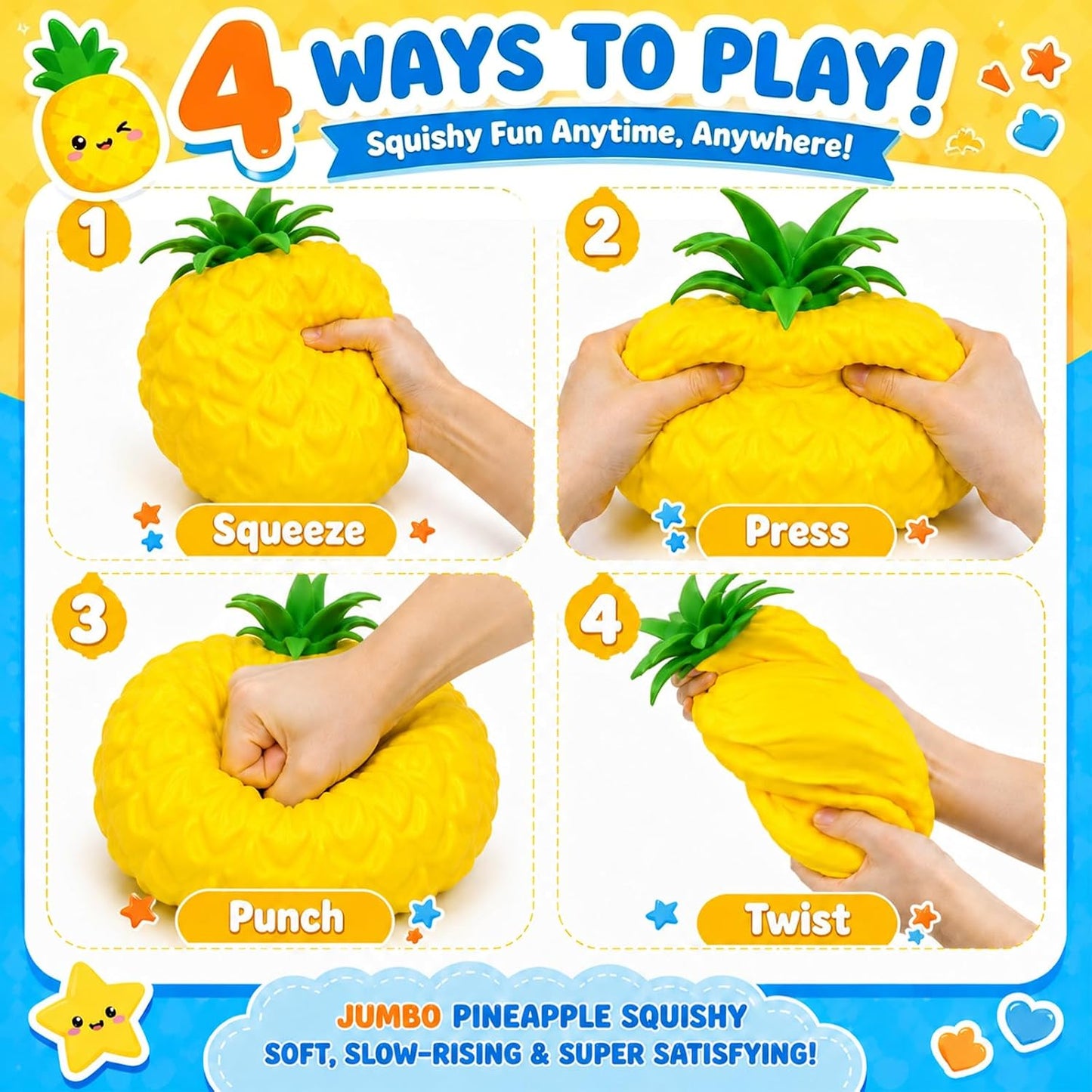 Jumbo Pineapple Squishy Toys,Squeeze Sensory Fidget Toys for Stress & Anxiety Relief,Cute Giant Fruit Stress Balls Squishies Toy,Birthday Gifts Party Favor for Adults Kids